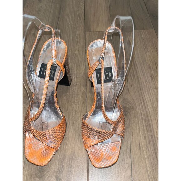 Richard Tyler Orange Snake Print Block Heel Sandals With Transparent Straps - Wo - Picture 3 of 10